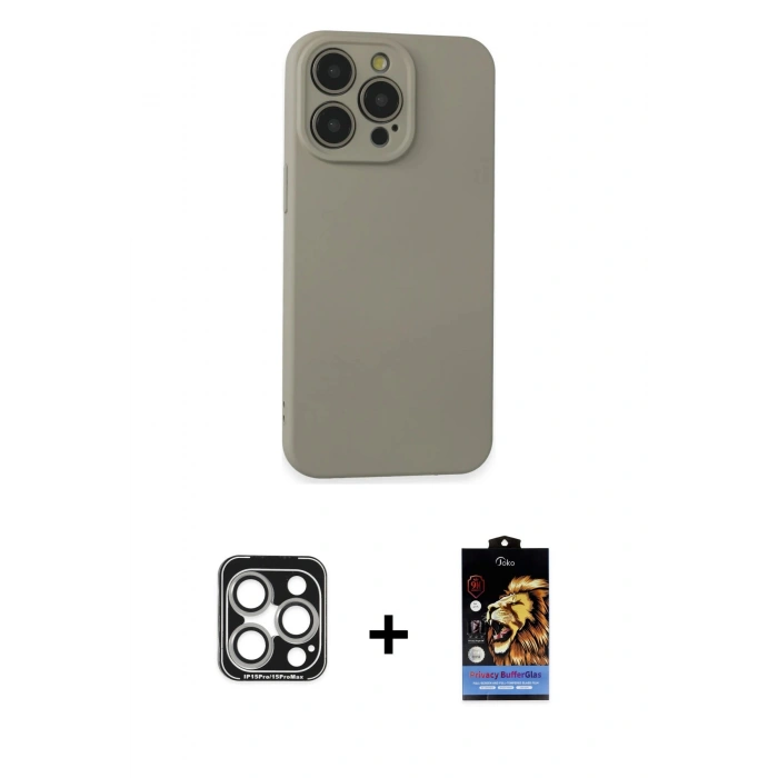 MARSİLYAN™- iPhone 15 Pro Max Kılıf Ahenk Serisi - Siyah Buffer Hayalet Cam Ekran Koruyucu + PVD Metal Kamera Lens - GS