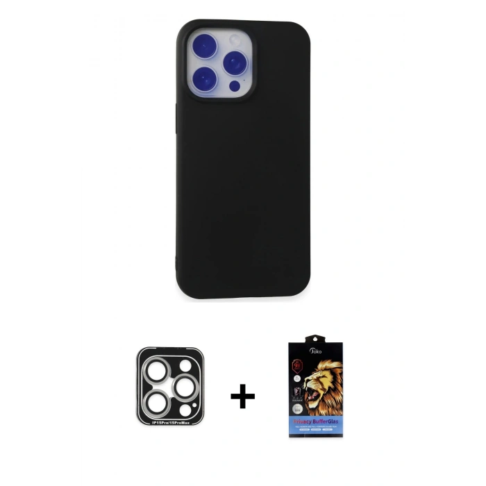 MARSİLYAN™- iPhone 15 Pro Max Kılıf Ahenk Serisi - Siyah Buffer Hayalet Cam Ekran Koruyucu + PVD Metal Kamera Lens - GS