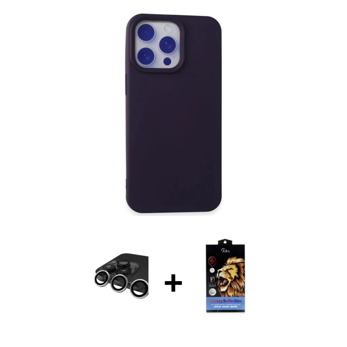MARSİLYAN™- iPhone 15 Pro Max Kılıf Ahenk Serisi - Siyah Buffer Hayalet Cam Ekran Koruyucu + Gümüş Raze Metal Kamera Lens