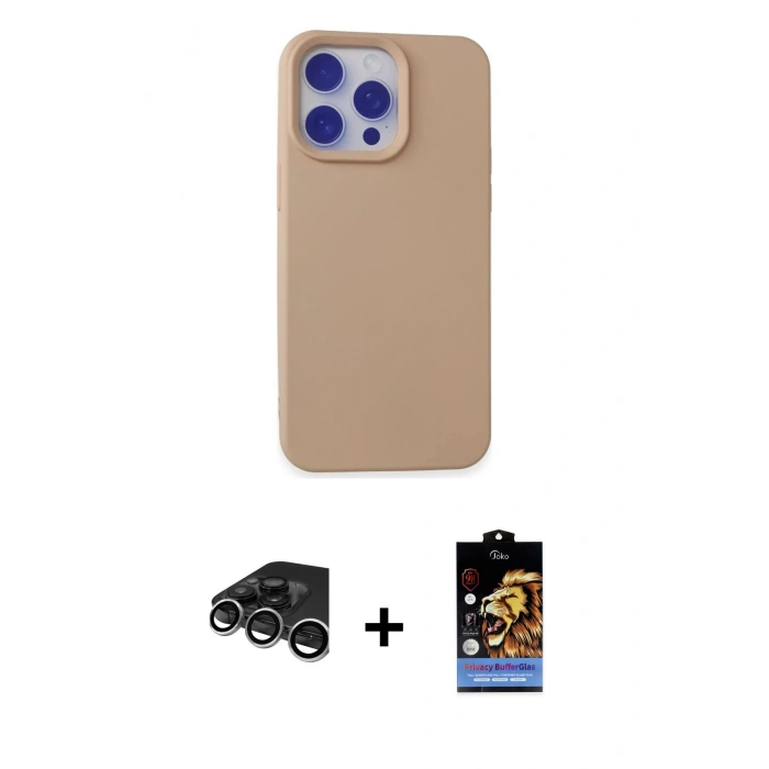 MARSİLYAN™- iPhone 15 Pro Max Kılıf Ahenk Serisi - Siyah Buffer Hayalet Cam Ekran Koruyucu + Gümüş Raze Metal Kamera Lens