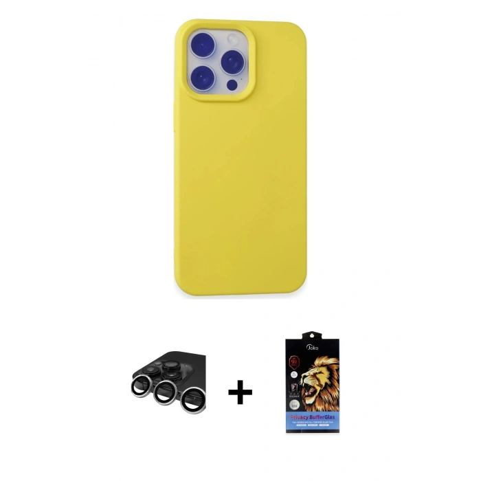 MARSİLYAN™- iPhone 15 Pro Max Kılıf Ahenk Serisi - Siyah Buffer Hayalet Cam Ekran Koruyucu + Gümüş Raze Metal Kamera Lens