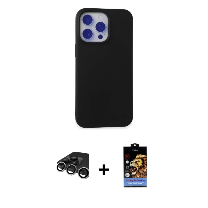 MARSİLYAN™- iPhone 15 Pro Max Kılıf Ahenk Serisi - Siyah Buffer Hayalet Cam Ekran Koruyucu + Gümüş Raze Metal Kamera Lens
