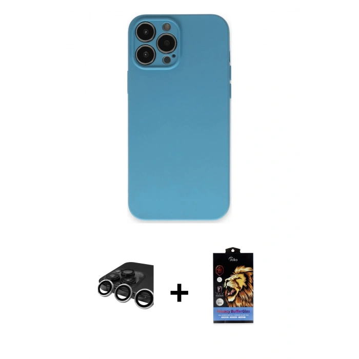 MARSİLYAN™- iPhone 15 Pro Max Kılıf Ahenk Serisi - Siyah Buffer Hayalet Cam Ekran Koruyucu + Gümüş Raze Metal Kamera Lens