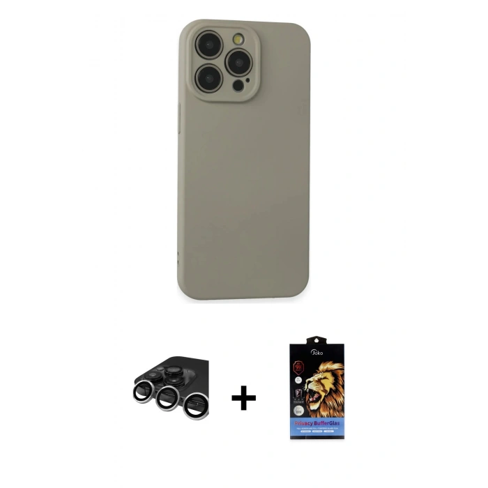 MARSİLYAN™- iPhone 15 Pro Max Kılıf Ahenk Serisi - Siyah Buffer Hayalet Cam Ekran Koruyucu + Gümüş Raze Metal Kamera Lens