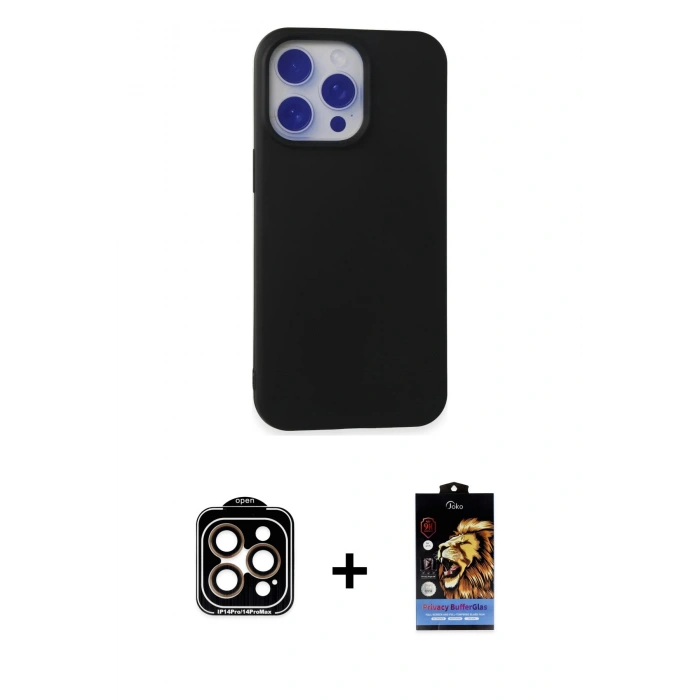 MARSİLYAN™- iPhone 15 Pro Max Kılıf Ahenk Serisi - Siyah Buffer Hayalet Cam Ekran Koruyucu + PVD Metal Kamera Lens - TU