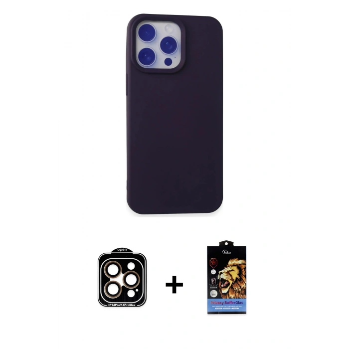 MARSİLYAN™- iPhone 15 Pro Max Kılıf Ahenk Serisi - Siyah Buffer Hayalet Cam Ekran Koruyucu + PVD Metal Kamera Lens - TU