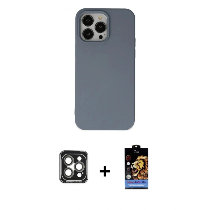 MARSİLYAN™- iPhone 15 Pro Max Kılıf Ahenk Serisi - Siyah Buffer Hayalet Cam Ekran Koruyucu + PVD Metal Kamera Lens - GI