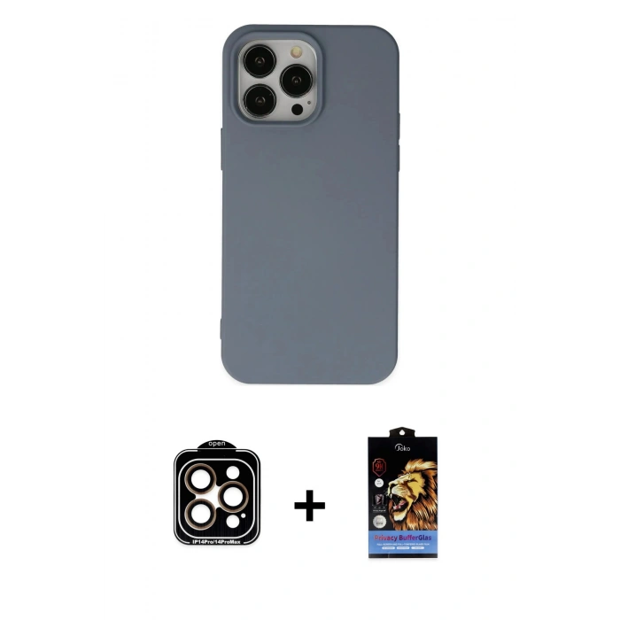 MARSİLYAN™- iPhone 15 Pro Max Kılıf Ahenk Serisi - Siyah Buffer Hayalet Cam Ekran Koruyucu + PVD Metal Kamera Lens - TU