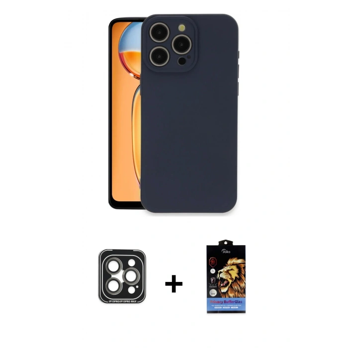 MARSİLYAN™- iPhone 15 Pro Max Kılıf Ahenk Serisi - Siyah Buffer Hayalet Cam Ekran Koruyucu + PVD Metal Kamera Lens - GI