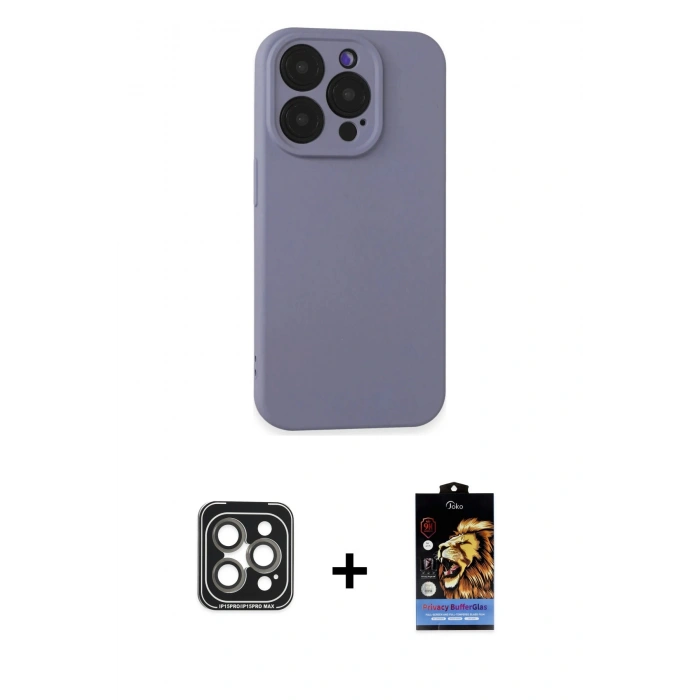MARSİLYAN™- iPhone 15 Pro Max Kılıf Ahenk Serisi - Siyah Buffer Hayalet Cam Ekran Koruyucu + PVD Metal Kamera Lens - GI