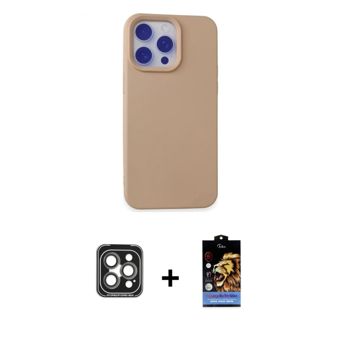 MARSİLYAN™- iPhone 15 Pro Max Kılıf Ahenk Serisi - Siyah Buffer Hayalet Cam Ekran Koruyucu + PVD Metal Kamera Lens - GI