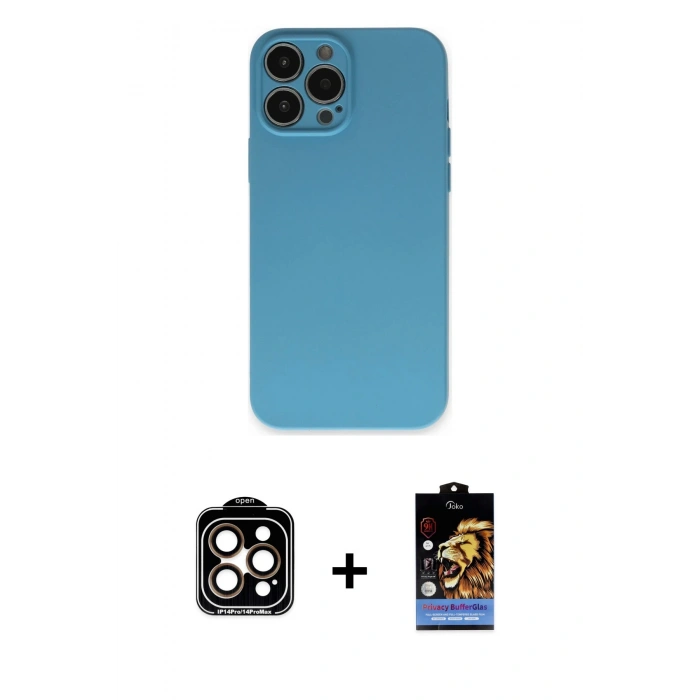 MARSİLYAN™- iPhone 15 Pro Max Kılıf Ahenk Serisi - Siyah Buffer Hayalet Cam Ekran Koruyucu + PVD Metal Kamera Lens - TU