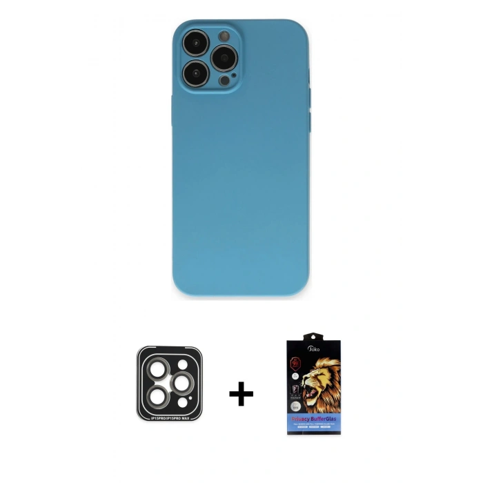 MARSİLYAN™- iPhone 15 Pro Max Kılıf Ahenk Serisi - Siyah Buffer Hayalet Cam Ekran Koruyucu + PVD Metal Kamera Lens - GI