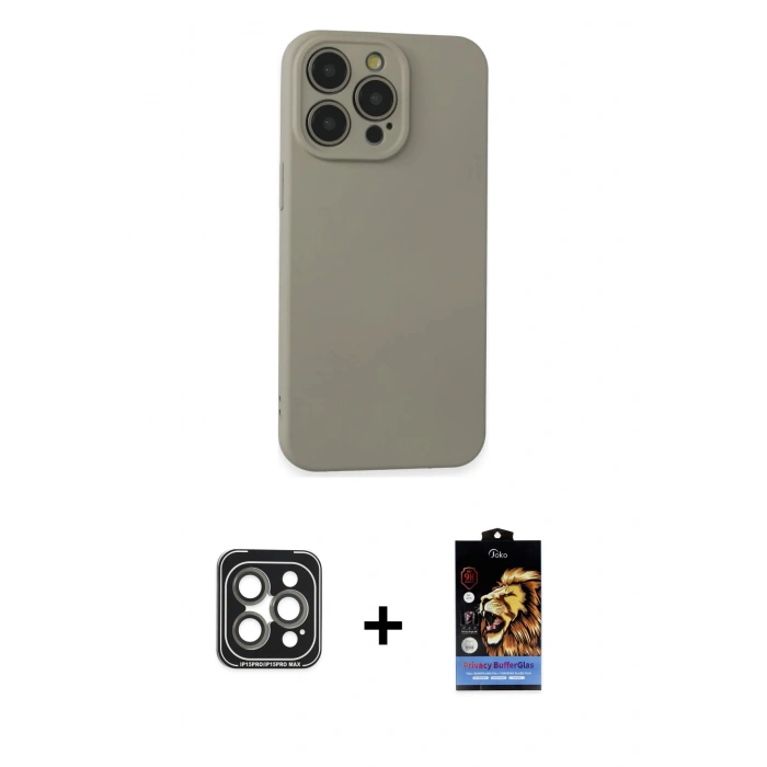MARSİLYAN™- iPhone 15 Pro Max Kılıf Ahenk Serisi - Siyah Buffer Hayalet Cam Ekran Koruyucu + PVD Metal Kamera Lens - GI