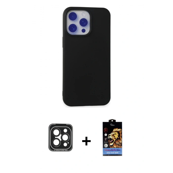 MARSİLYAN™- iPhone 15 Pro Max Kılıf Ahenk Serisi - Siyah Buffer Hayalet Cam Ekran Koruyucu + PVD Metal Kamera Lens - SH