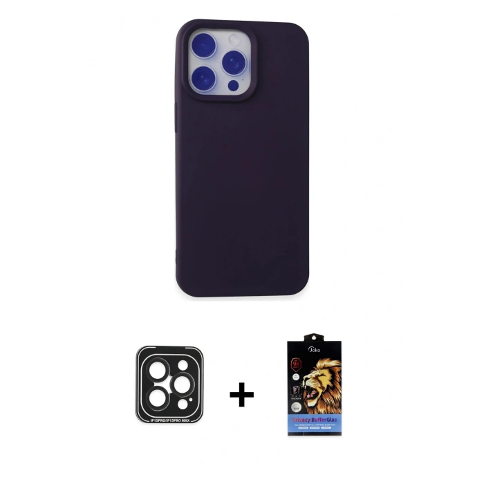 MARSİLYAN™- iPhone 15 Pro Max Kılıf Ahenk Serisi - Siyah Buffer Hayalet Cam Ekran Koruyucu + PVD Metal Kamera Lens - SH