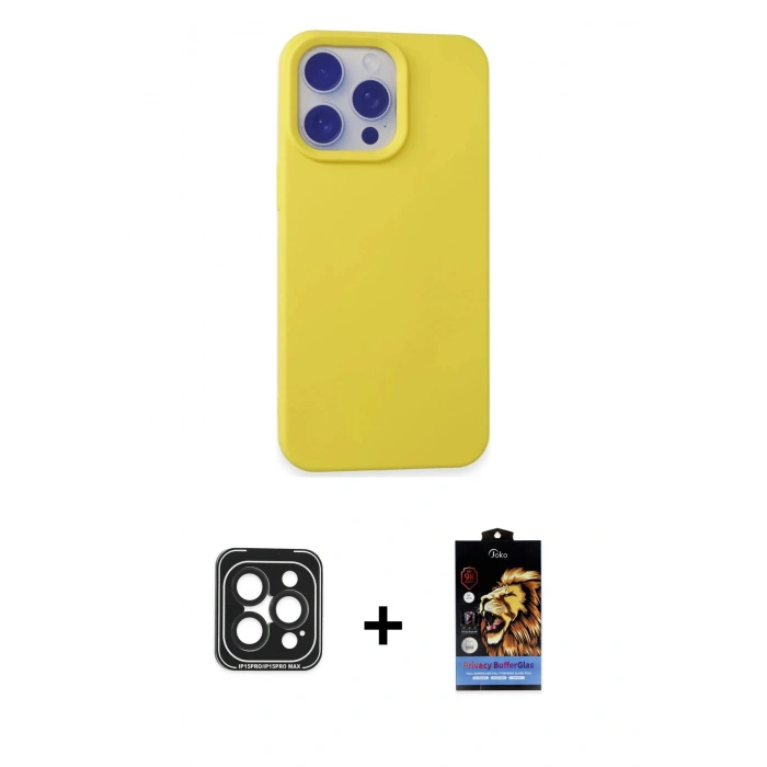 MARSİLYAN™- iPhone 15 Pro Max Kılıf Ahenk Serisi - Siyah Buffer Hayalet Cam Ekran Koruyucu + PVD Metal Kamera Lens - SH