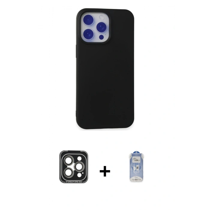 MARSİLYAN™- iPhone 15 Pro Max Kılıf Ahenk Serisi - Siyah Joko Magic 5D Cam + PVD Metal Kamera Lens - GI