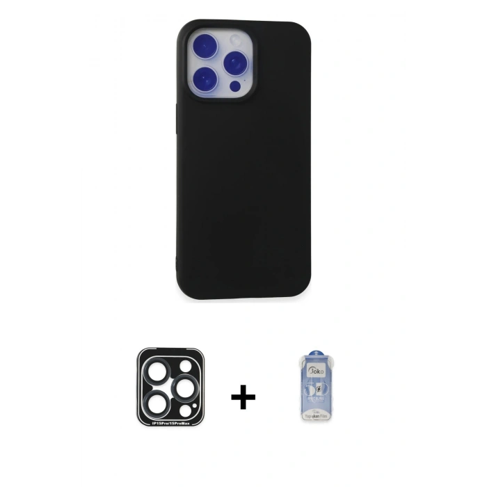 MARSİLYAN™- iPhone 15 Pro Max Kılıf Ahenk Serisi - Siyah Joko Magic 5D Cam + PVD Metal Kamera Lens - LT
