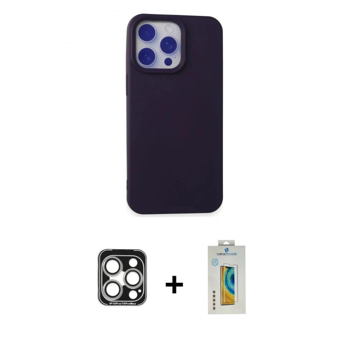 MARSİLYAN™- iPhone 15 Pro Max Kılıf Ahenk Serisi - Siyah Polymer Nano Ekran Koruyucu + PVD Metal Kamera Lens - GS