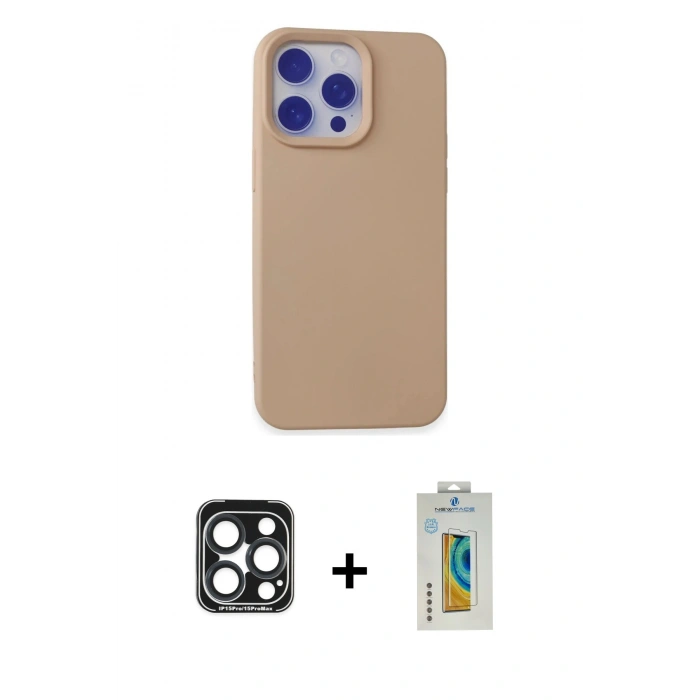 MARSİLYAN™- iPhone 15 Pro Max Kılıf Ahenk Serisi - Siyah Polymer Nano Ekran Koruyucu + Lacivert PVD Metal Kamera Lens