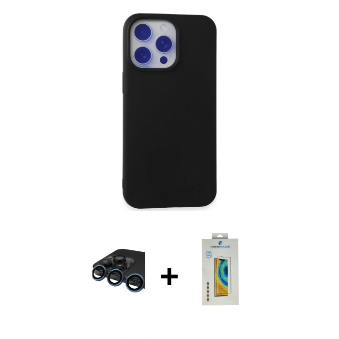 MARSİLYAN™- iPhone 15 Pro Max Kılıf Ahenk Serisi - Siyah Polymer Nano Ekran Koruyucu + Raze Metal Kamera Lens - LT