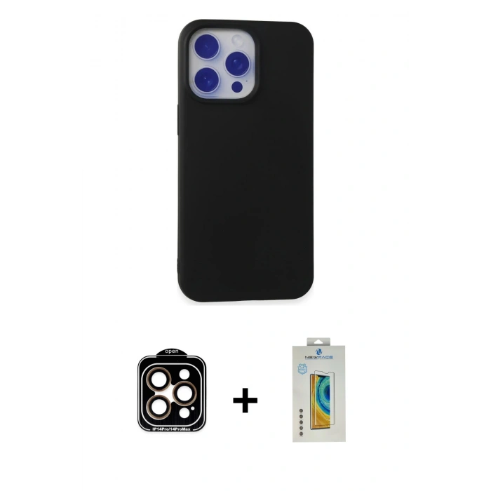 MARSİLYAN™- iPhone 15 Pro Max Kılıf Ahenk Serisi - Siyah Polymer Nano Ekran Koruyucu + PVD Metal Kamera Lens - TU