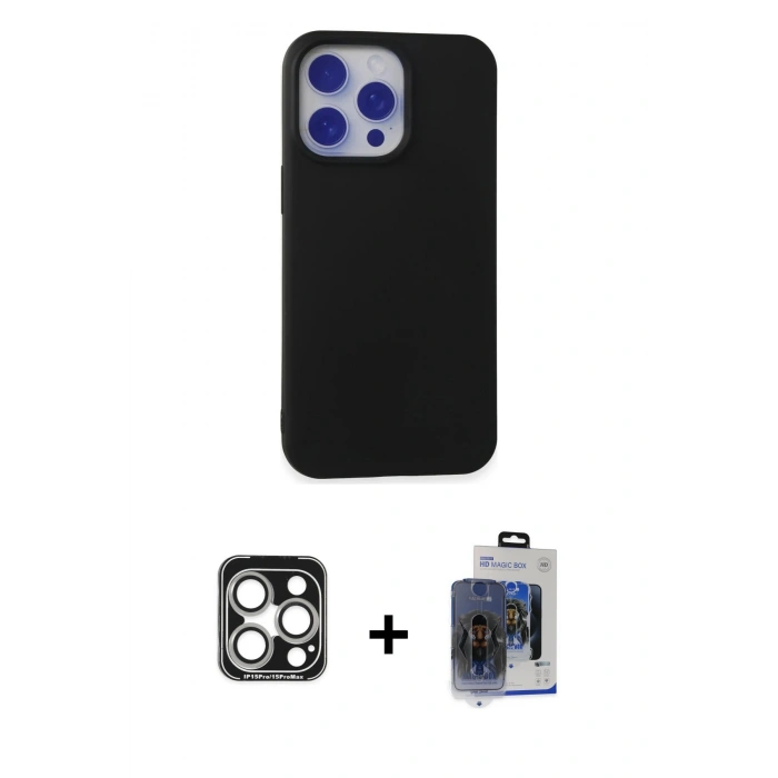 MARSİLYAN™- iPhone 15 Pro Max Kılıf Ahenk Serisi - Siyah Vanessa Magic Cam + PVD Metal Kamera Lens - GS