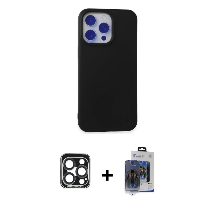 MARSİLYAN™- iPhone 15 Pro Max Kılıf Ahenk Serisi - Siyah Vanessa Magic Cam + PVD Metal Kamera Lens - LT