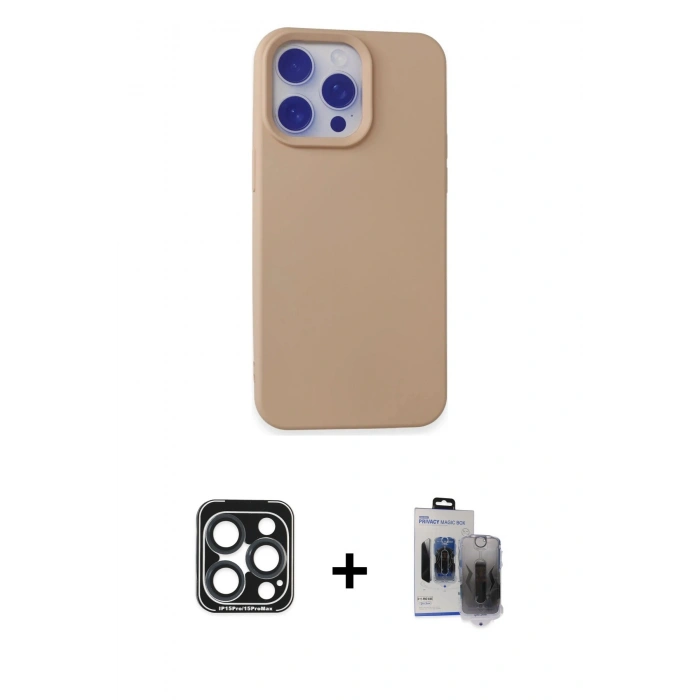 MARSİLYAN™- iPhone 15 Pro Max Kılıf Ahenk Serisi - Siyah Vanessa Magic Hayalet Cam + PVD Metal Kamera Lens - LT