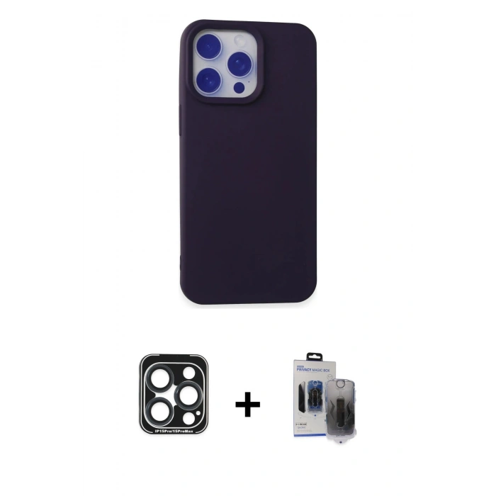 MARSİLYAN™- iPhone 15 Pro Max Kılıf Ahenk Serisi - Siyah Vanessa Magic Hayalet Cam + PVD Metal Kamera Lens - LT