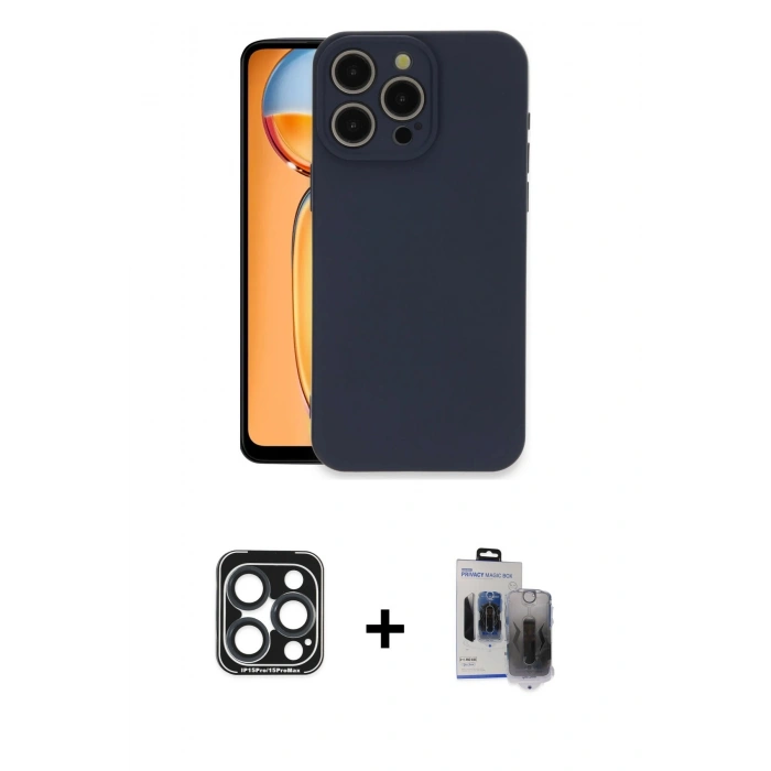 MARSİLYAN™- iPhone 15 Pro Max Kılıf Ahenk Serisi - Siyah Vanessa Magic Hayalet Cam + PVD Metal Kamera Lens - LT
