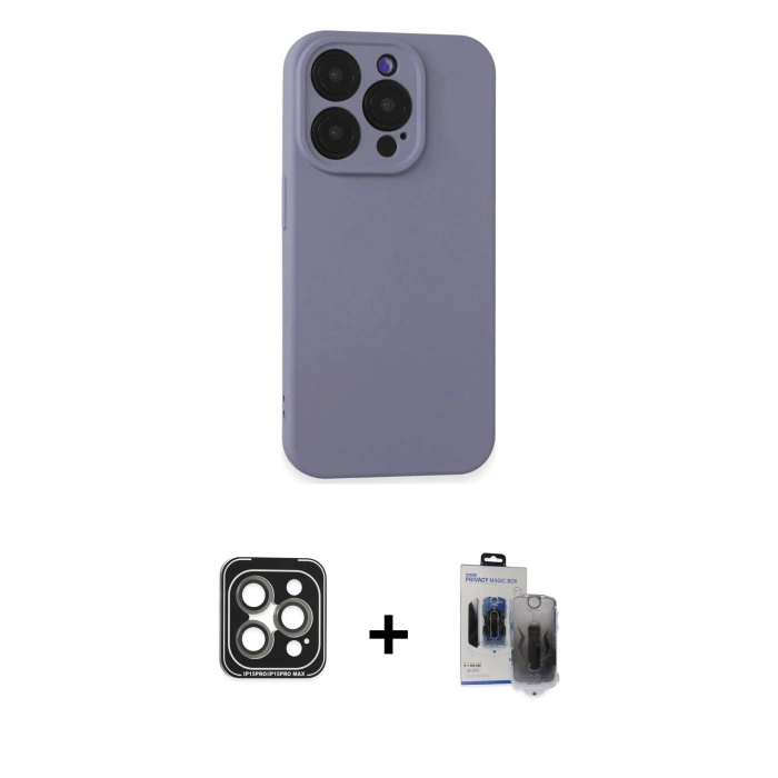MARSİLYAN™- iPhone 15 Pro Max Kılıf Ahenk Serisi - Siyah Vanessa Magic Hayalet Cam + PVD Metal Kamera Lens - GI