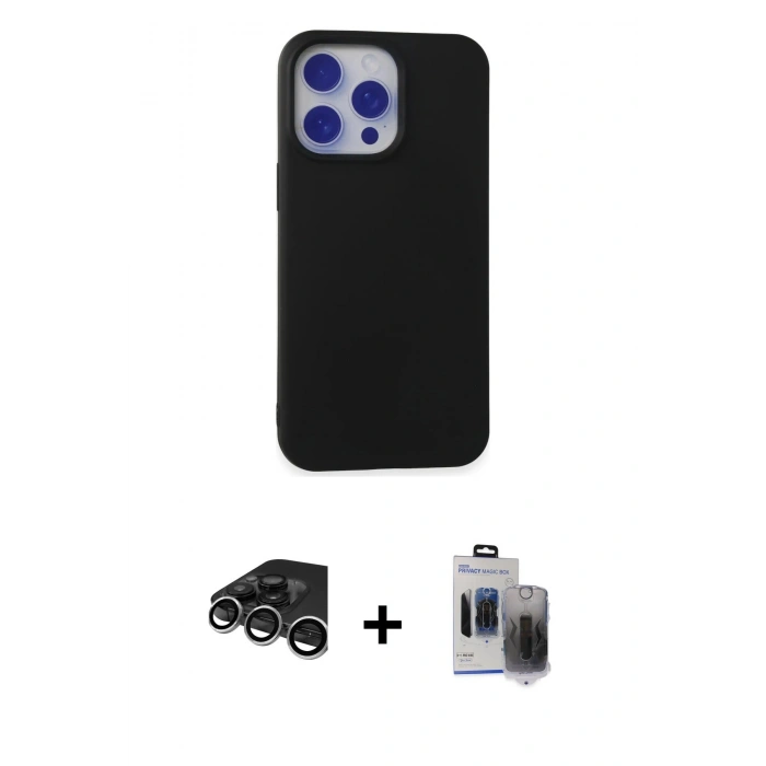 MARSİLYAN™- iPhone 15 Pro Max Kılıf Ahenk Serisi - Siyah Vanessa Magic Hayalet Cam + Raze Metal Kamera Lens - GS