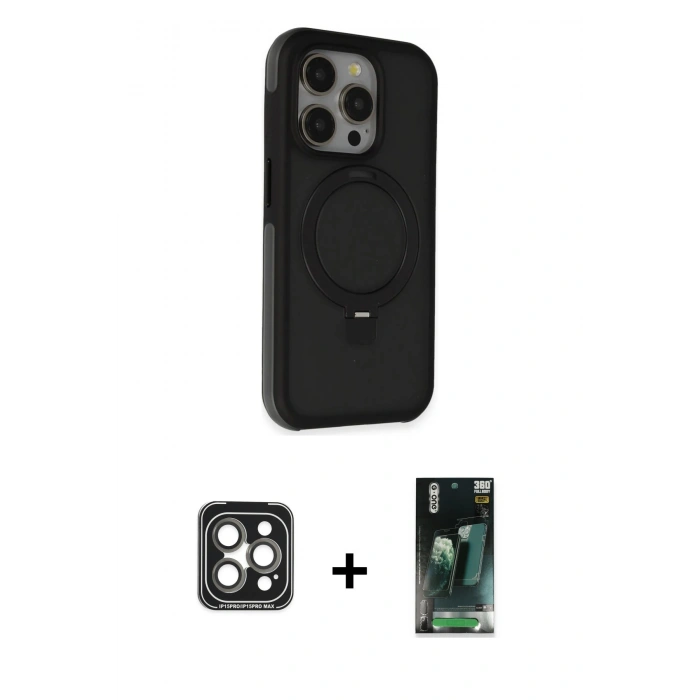 MARSİLYAN™- iPhone 15 Pro Max Kılıf Ahenk Yansıma Özel Seri - Şeffaf 360 Full Body Arka Koruyucu + PVD Metal Kamera Lens - GI