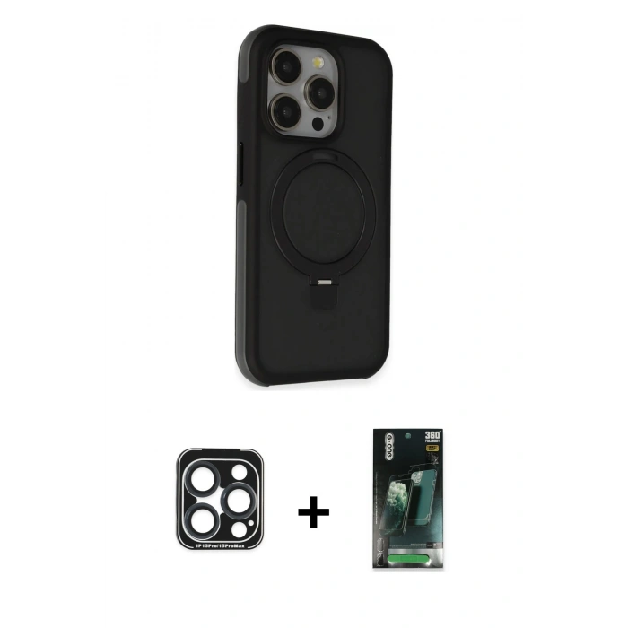 MARSİLYAN™- iPhone 15 Pro Max Kılıf Ahenk Yansıma Özel Seri - Şeffaf 360 Full Body Arka Koruyucu + PVD Metal Kamera Lens - LT