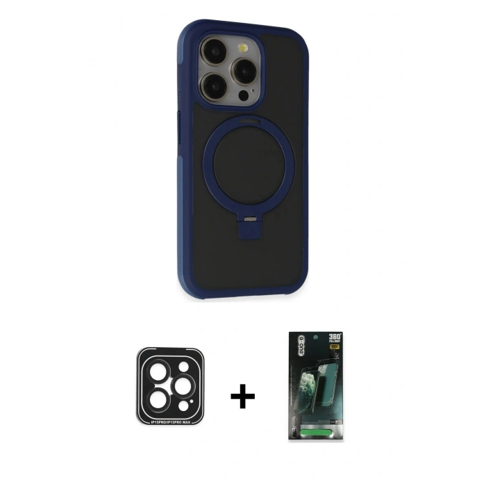 MARSİLYAN™- iPhone 15 Pro Max Kılıf Ahenk Yansıma Özel Seri - Şeffaf 360 Full Body Arka Koruyucu + PVD Metal Kamera Lens - SH