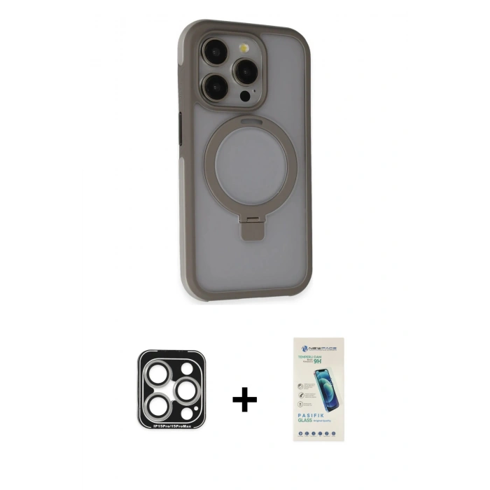 MARSİLYAN™- iPhone 15 Pro Max Kılıf Ahenk Yansıma Özel Seri - Şeffaf Pasifik Cam Ekran Koruyucu + PVD Metal Kamera Lens - GS