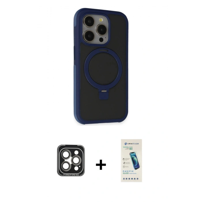 MARSİLYAN™- iPhone 15 Pro Max Kılıf Ahenk Yansıma Özel Seri - Şeffaf Pasifik Cam Ekran Koruyucu + PVD Metal Kamera Lens - GI