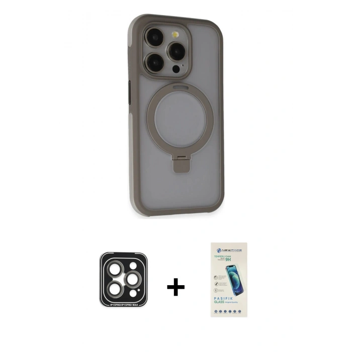 MARSİLYAN™- iPhone 15 Pro Max Kılıf Ahenk Yansıma Özel Seri - Şeffaf Pasifik Cam Ekran Koruyucu + PVD Metal Kamera Lens - GI
