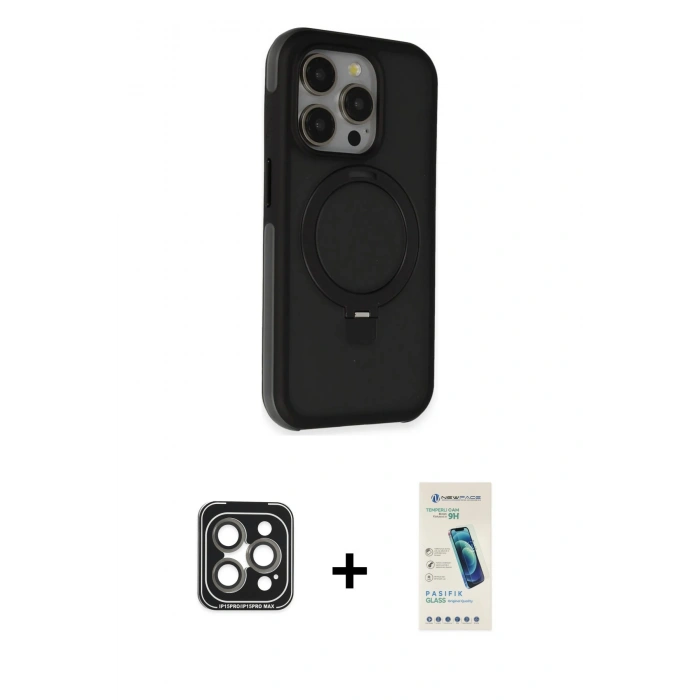 MARSİLYAN™- iPhone 15 Pro Max Kılıf Ahenk Yansıma Özel Seri - Şeffaf Pasifik Cam Ekran Koruyucu + PVD Metal Kamera Lens - GI