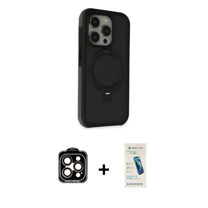 MARSİLYAN™- iPhone 15 Pro Max Kılıf Ahenk Yansıma Özel Seri - Şeffaf Pasifik Cam Ekran Koruyucu + PVD Metal Kamera Lens - TU