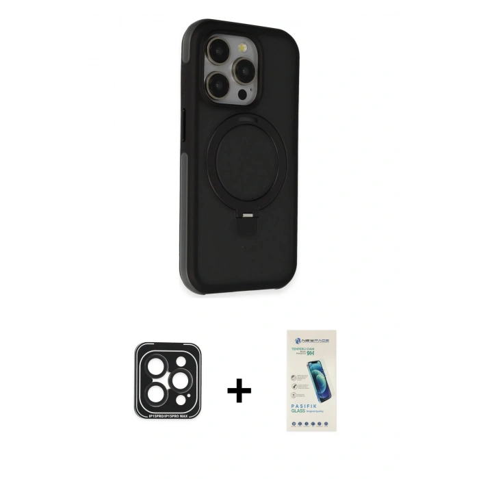 MARSİLYAN™- iPhone 15 Pro Max Kılıf Ahenk Yansıma Özel Seri - Şeffaf Pasifik Cam Ekran Koruyucu + PVD Metal Kamera Lens - SH