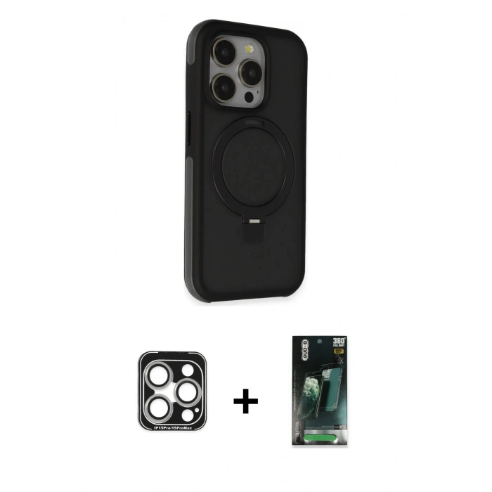 MARSİLYAN™- iPhone 15 Pro Max Kılıf Ahenk Yansıma Özel Seri - Siyah 360 Mat Full Body Arka Koruyucu + Gümüş PVD Metal Kamera Lens