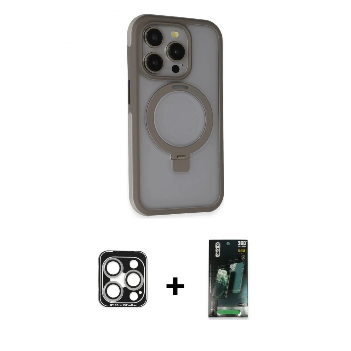 MARSİLYAN™- iPhone 15 Pro Max Kılıf Ahenk Yansıma Özel Seri - Siyah 360 Mat Full Body Arka Koruyucu + Gümüş PVD Metal Kamera Lens