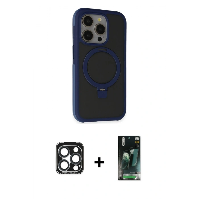 MARSİLYAN™- iPhone 15 Pro Max Kılıf Ahenk Yansıma Özel Seri - Siyah 360 Mat Full Body Arka Koruyucu + PVD Metal Kamera Lens - LT