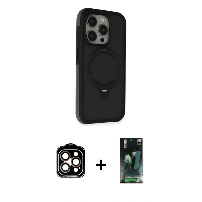 MARSİLYAN™- iPhone 15 Pro Max Kılıf Ahenk Yansıma Özel Seri - Siyah 360 Mat Full Body Arka Koruyucu + PVD Metal Kamera Lens - TU