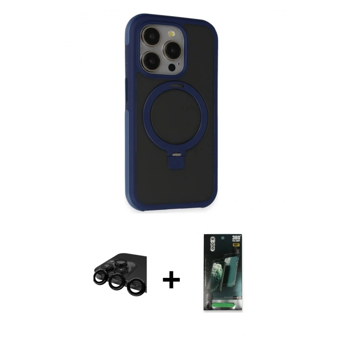 MARSİLYAN™- iPhone 15 Pro Max Kılıf Ahenk Yansıma Özel Seri - Siyah 360 Mat Full Body Arka Koruyucu + Siyah Raze Metal Kamera Lens