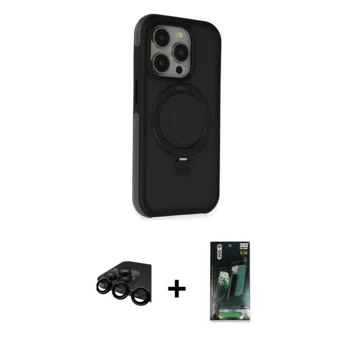 MARSİLYAN™- iPhone 15 Pro Max Kılıf Ahenk Yansıma Özel Seri - Siyah 360 Mat Full Body Arka Koruyucu + Siyah Raze Metal Kamera Lens