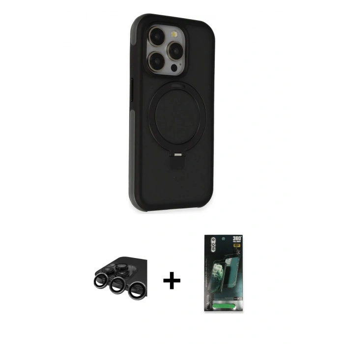 MARSİLYAN™- iPhone 15 Pro Max Kılıf Ahenk Yansıma Özel Seri - Siyah 360 Mat Full Body Arka Koruyucu + Raze Metal Kamera Lens - TMGI